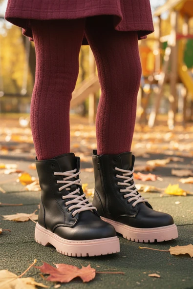 AYK'S Siyah Pudra İçi Polarlı Bağcıklı Fermuarlı Kaymaz Kız Çocuk Bot Dale 05 F - 3