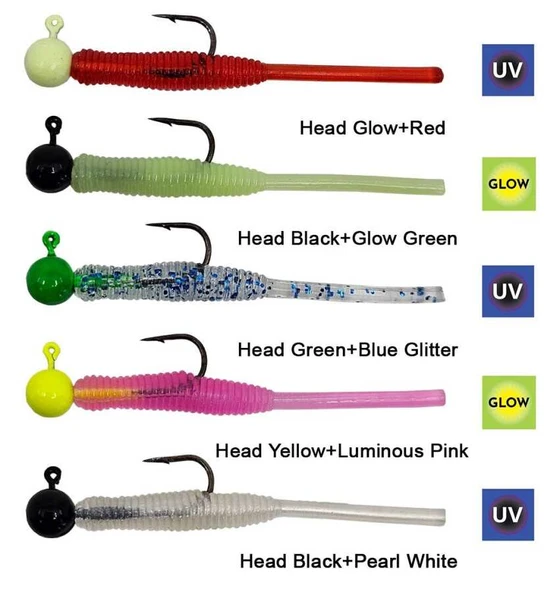 Kendo Hook Worm Jighead+Lrf Silikonu 1gr+4.5cm 5 Adet  Head Green+Blue Glitter - Resim 2