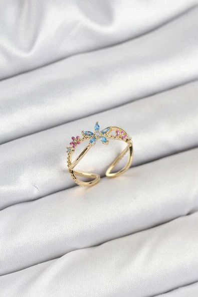 Pirinç Gold Renk Zirkon Taşlı Mavi Çiçekli Kadın Yüzük - TJ-BYK3834 ürün görseli
