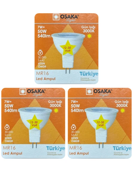 (3 Adet) Osaka 12Volt 7W (50W) Sarı (3000K) GU5.3 Duylu (İğne Bacak) Led Spot Ampul ürün görseli 1