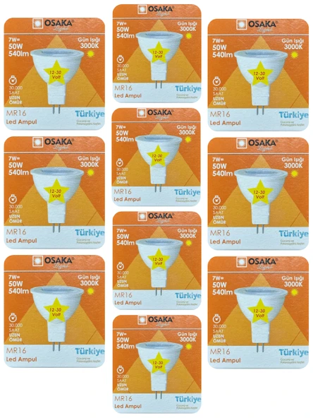 (10 Adet) Osaka 12Volt 7W (50W) Sarı (3000K) GU5.3 Duylu (İğne Bacak) Led Spot Ampul ürün görseli
