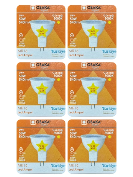 (6 Adet) Osaka 12Volt 7W (50W) Sarı (3000K) GU5.3 Duylu (İğne Bacak) Led Spot Ampul ürün görseli