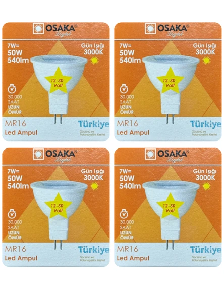 (4 Adet) Osaka 12Volt 7W (50W) Sarı (3000K) GU5.3 Duylu (İğne Bacak) Led Spot Ampul ürün görseli 1