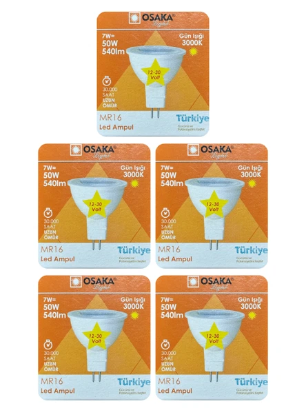 (5 Adet) Osaka 12Volt 7W (50W) Sarı (3000K) GU5.3 Duylu (İğne Bacak) Led Spot Ampul ürün görseli 1