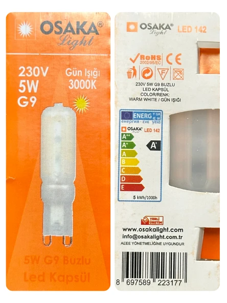 (3 Adet) Osaka Buzlu 5W Sarı Işık (3000K) G9 Duylu Led Kapsül Ampul - Resim 3