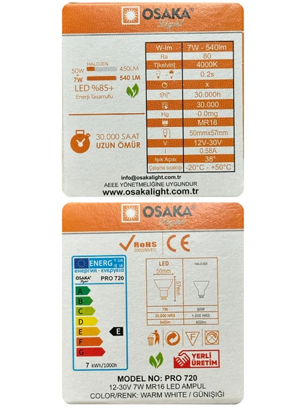 (10 Adet) Osaka 12Volt 7W (50W) Sarı (3000K) GU5.3 Duylu (İğne Bacak) Led Spot Ampul - Resim 4