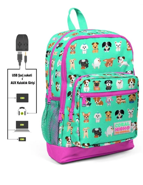 Coral High Kids Dört Gözlü Çocuk İlkokul Çantası - Sevimli Köpekler- USB+AUX Soketli ürün görseli