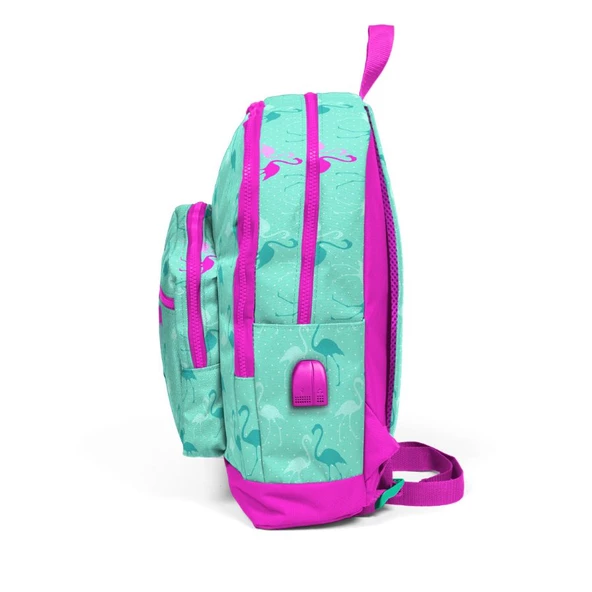 Coral High Kids Dört Gözlü Kız Çocuk İlkokul Çantası - Yeşil Flamingolar Baskılı - USB+AUX Soketli - 2