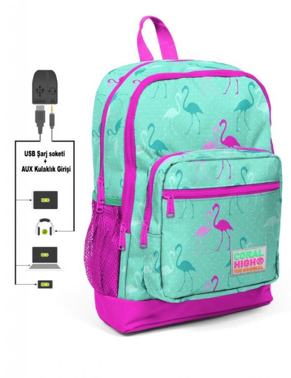 Coral High Kids Dört Gözlü Kız Çocuk İlkokul Çantası - Yeşil Flamingolar Baskılı - USB+AUX Soketli