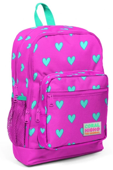 Coral High Kız Çocuk İlkokul Çantası - Pembe-Yeşil Kalp Desenli - Dört Bölmeli