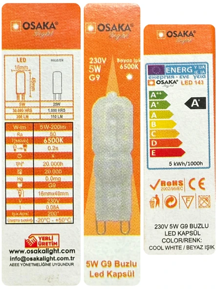 (6 Adet) Osaka Buzlu 5W Beyaz Işık (6500K) G9 Duylu Led Kapsül Ampul - Resim 3