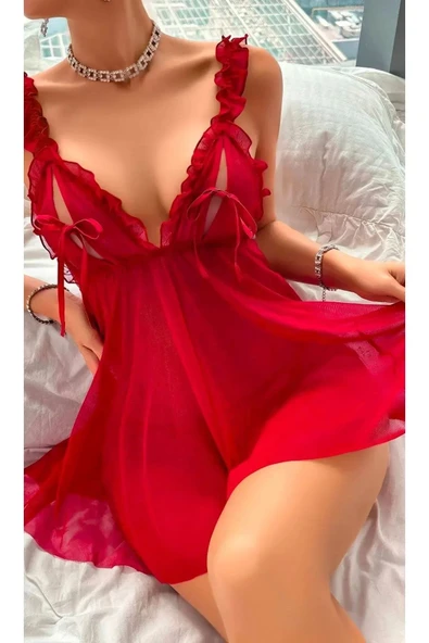 Kadın Şık Tasarım Askılı Detaylı Transparan Özel Bordo Gecelik