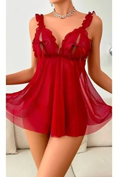 Kadın Şık Tasarım Askılı Detaylı Transparan Özel Bordo Gecelik - 2