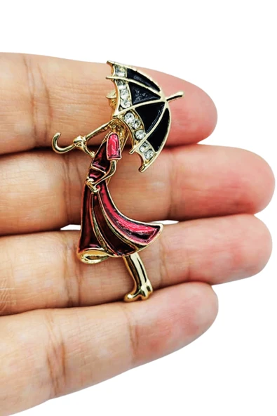 Şemsiye Tutan Kadın Broş  Zarif Yeşil Elbiseli Vintage Aksesuar ürün görseli 1