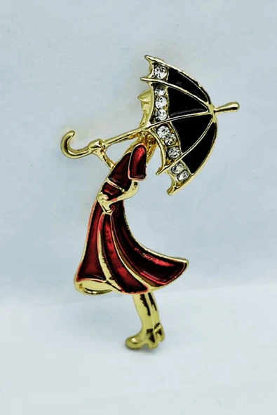 Şemsiye Tutan Kadın Broş  Zarif Yeşil Elbiseli Vintage Aksesuar - Resim 3