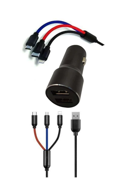 LitaeTrend Çoklu Hızlı Şarj Kablosu ve Seyahat Araç Şarj Soketi Type-C Mikro İphone Uyumlu 1.2 Metre 3A - 1