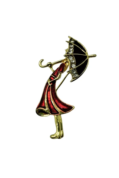 Şemsiye Tutan Kadın Broş  Zarif Yeşil Elbiseli Vintage Aksesuar - Resim 4