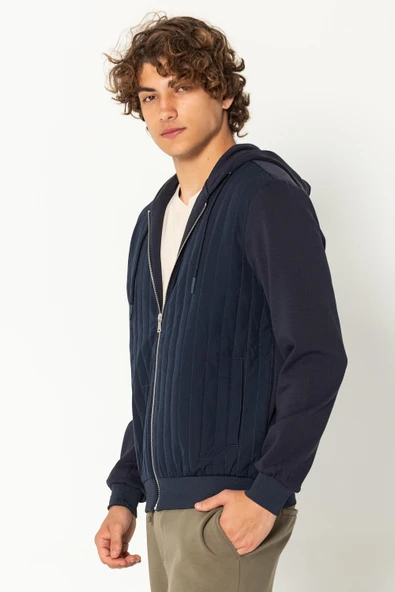 Erkek Kapüşonlu Fermuarlı Çift Kumaş Kapitone Detaylı Sweat Mont - 10