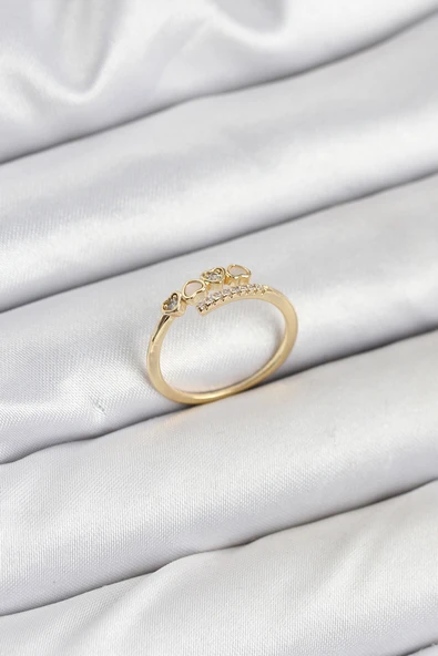 Pirinç Gold Renk Kalpli Detaylı Zirkon Taşlı Kadın Yüzük - TJ-BYK3840 ürün görseli 1