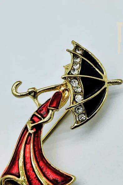 Şemsiye Tutan Kadın Broş  Zarif Yeşil Elbiseli Vintage Aksesuar - Resim 2