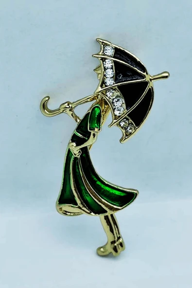 Şemsiye Tutan Kadın Broş  Zarif Elbiseli Vintage Aksesuar - Resim 2