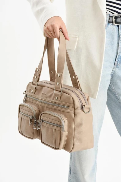 Suni Deri Kadın Omuz Çantası 35*25 Cm Çapraz Askılı Postacı Çanta Çok Cepli Vegan Deri Kol Çantası ürün görseli 1