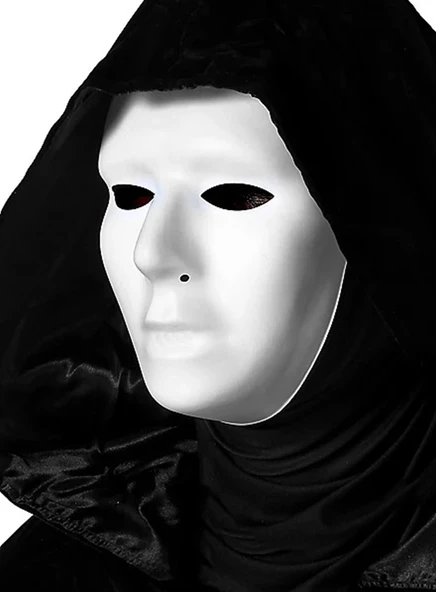 Siyah Kapüşonlu 120 cm Pelerin ve Beyaz Boyanabilir Tam Yüz Maske - 3