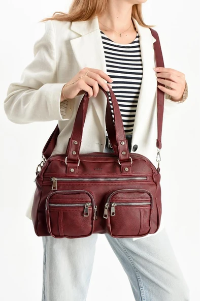 Suni Deri Kadın Omuz Çantası 35*25 Cm Çapraz Askılı Postacı Çanta Çok Cepli Vegan Deri Kol Çantası - Resim 6