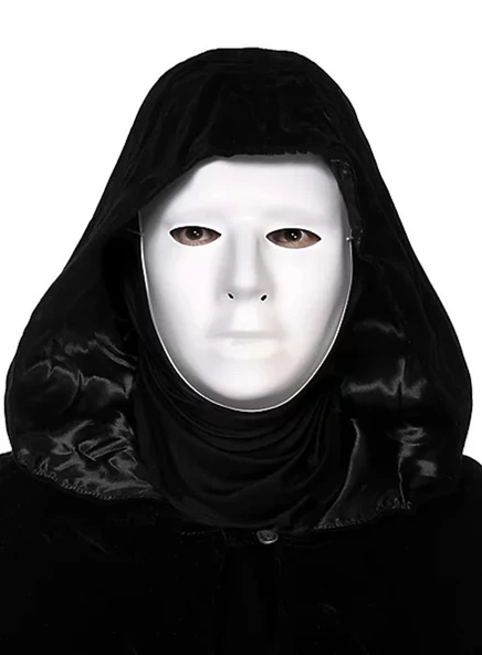 Siyah Kapüşonlu 120 cm Pelerin ve Beyaz Boyanabilir Tam Yüz Maske - 2
