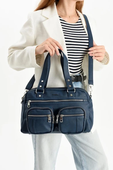 Suni Deri Kadın Omuz Çantası 35*25 Cm Çapraz Askılı Postacı Çanta Çok Cepli Vegan Deri Kol Çantası - Resim 10