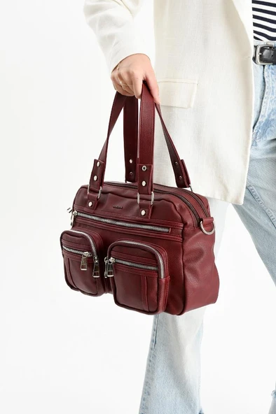 Suni Deri Kadın Omuz Çantası 35*25 Cm Çapraz Askılı Postacı Çanta Çok Cepli Vegan Deri Kol Çantası - Resim 5