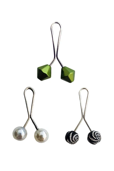 LitaeTrend 3 Adet Tesettür Eşarp ve Şal Klipsi İnci Beyaz Siyah Desenli Yeşil ürün görseli 1