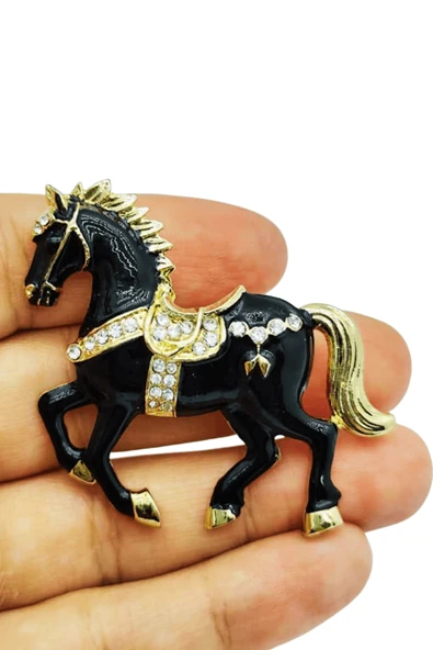 Siyah At Broş Kristal Taşlı Zarif Horse Brooch Şık At Figürlü Kadın Aksesuar - 1