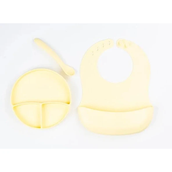 Sarı 3 lü Silikon Yemek Seti - Önlük + Diş Kaşıyıcılı Kaşık + Vakumlu Tabak ürün görseli