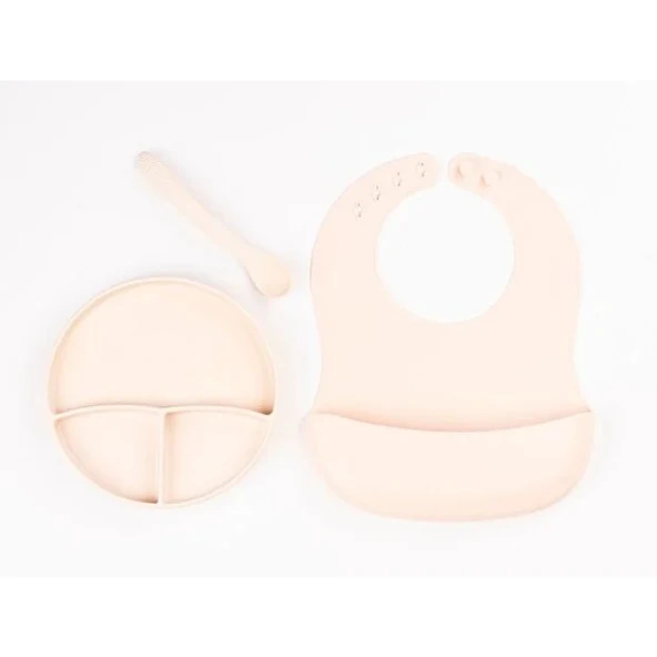 Krem Rengi 3 lü Silikon Yemek Seti - Önlük + Diş Kaşıyıcılı Kaşık + Vakumlu Tabak ürün görseli