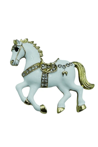Beyaz At Broş Kristal Taşlı Zarif Horse Brooch Şık Hayvan Figürlü Aksesuar - 3
