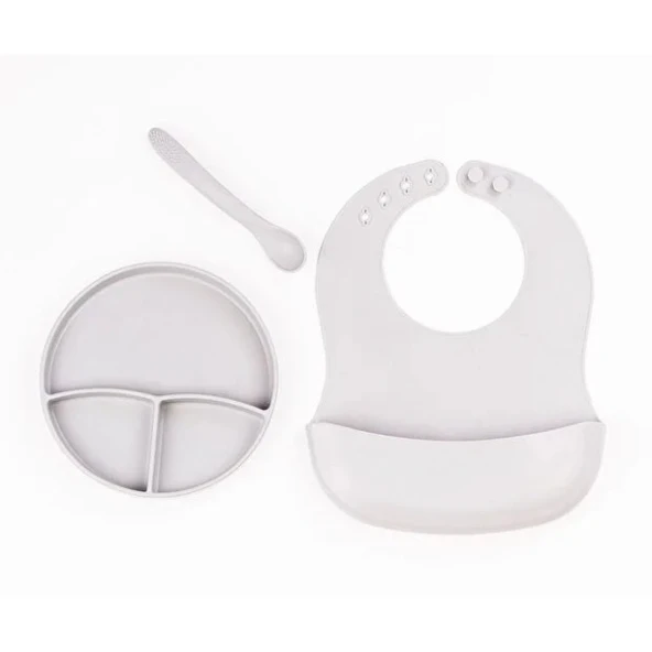 Gri 3 lü Silikon Yemek Seti - Önlük + Diş Kaşıyıcılı Kaşık + Vakumlu Tabak ürün görseli