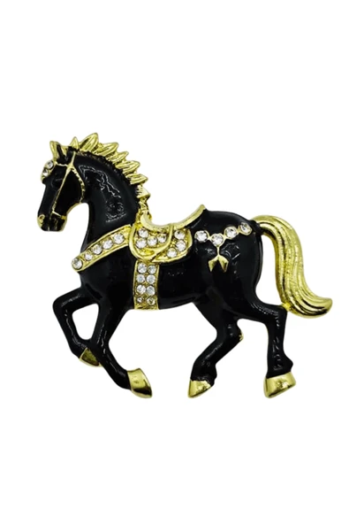 Siyah At Broş Kristal Taşlı Zarif Horse Brooch Şık At Figürlü Kadın Aksesuar - 3