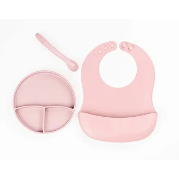 Pembe 3 lü Silikon Yemek Seti - Önlük + Diş Kaşıyıcılı Kaşık + Vakumlu Tabak ürün görseli