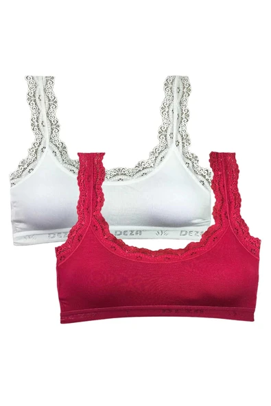 LitaeTrend 2 Adet Dantel Nakış İşlemeli Pedli Bambu Kadın Büstiyer Beyaz Bordo ürün görseli 1
