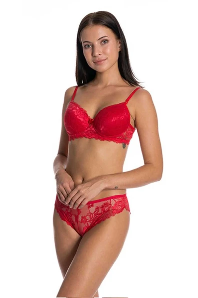 LitaeTrend Dolgusuz Full Dantelli Sütyen Takımı Kırmızı - Resim 3