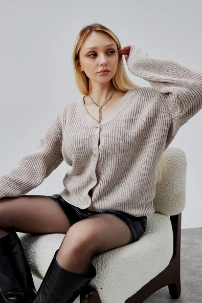 Lugmo Kadın Triko Hırka Taşlı Standart Beden Taş - Resim 3