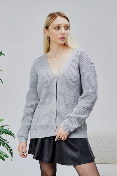 Lugmo Kadın Triko Hırka Taşlı Standart Beden Gri - Resim 5