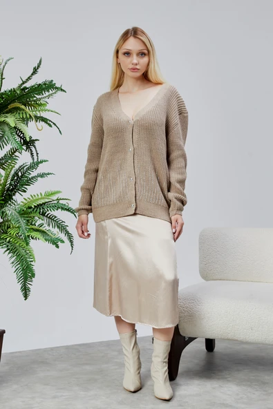 Lugmo Kadın Triko Hırka Taşlı Standart Beden Vizon - Resim 5