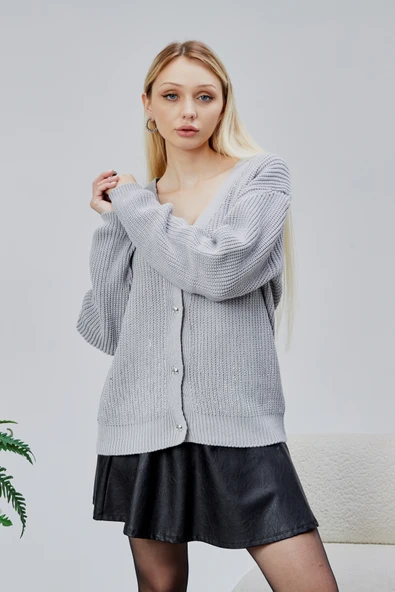 Lugmo Kadın Triko Hırka Taşlı Standart Beden Gri - Resim 6