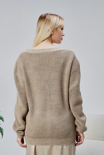 Lugmo Kadın Triko Hırka Taşlı Standart Beden Vizon - Resim 3