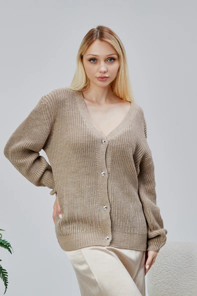 Lugmo Kadın Triko Hırka Taşlı Standart Beden Vizon ürün görseli