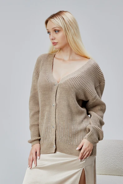 Lugmo Kadın Triko Hırka Taşlı Standart Beden Vizon - Resim 4