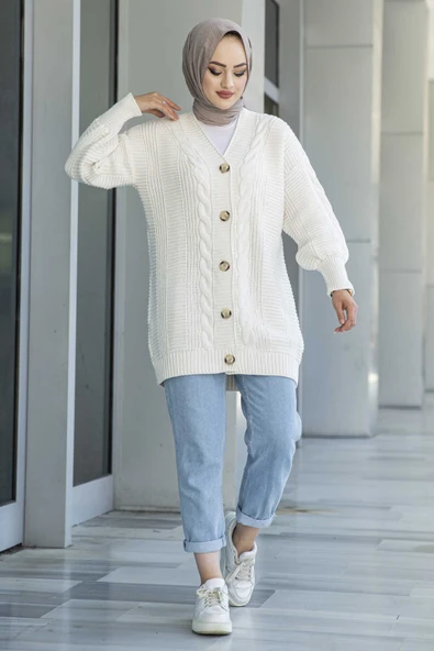 Lugmo Kadın Triko Hırka Taşlı Standart Beden Ekru - Resim 5