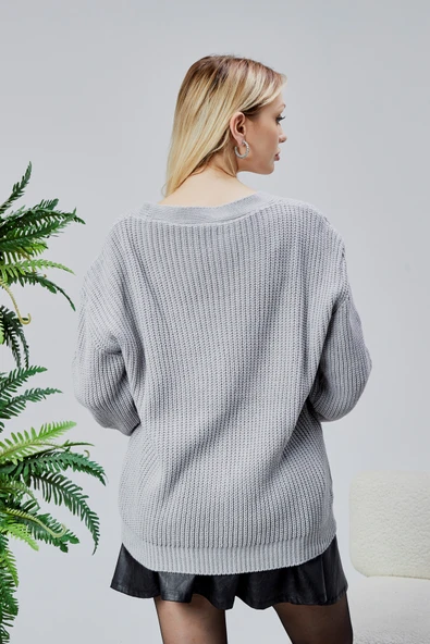 Lugmo Kadın Triko Hırka Taşlı Standart Beden Gri - Resim 7